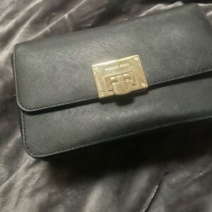Michael Kors Black Clutch with Gold Accent with attached Wallet